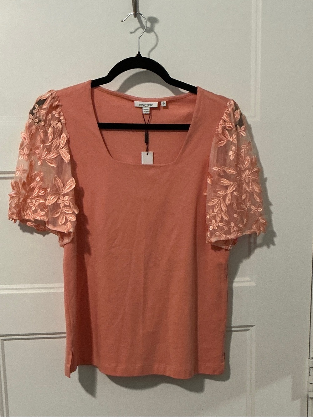 Chico's Coral Embroidered Lace Sleeve Scoop Neck Tee